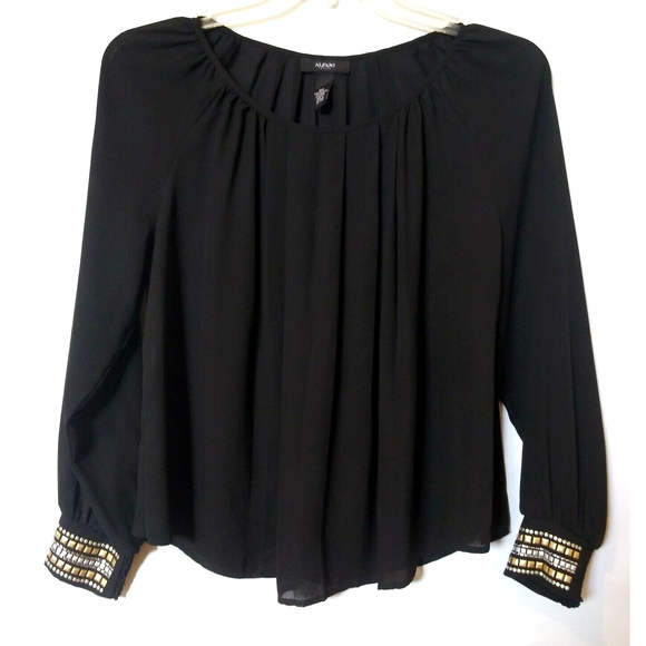 Alfani Tops - Alfani Size 12 PETITE Pleated Sheer Blouse Embellished Metal Wrists Long Sleeve